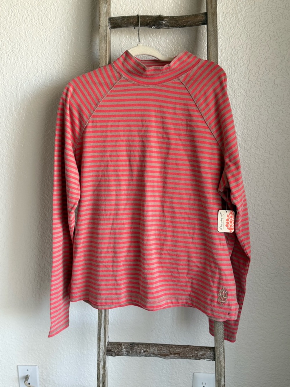 FP Movement by Free People Coral and Gray Striped Mock Neck Pullover